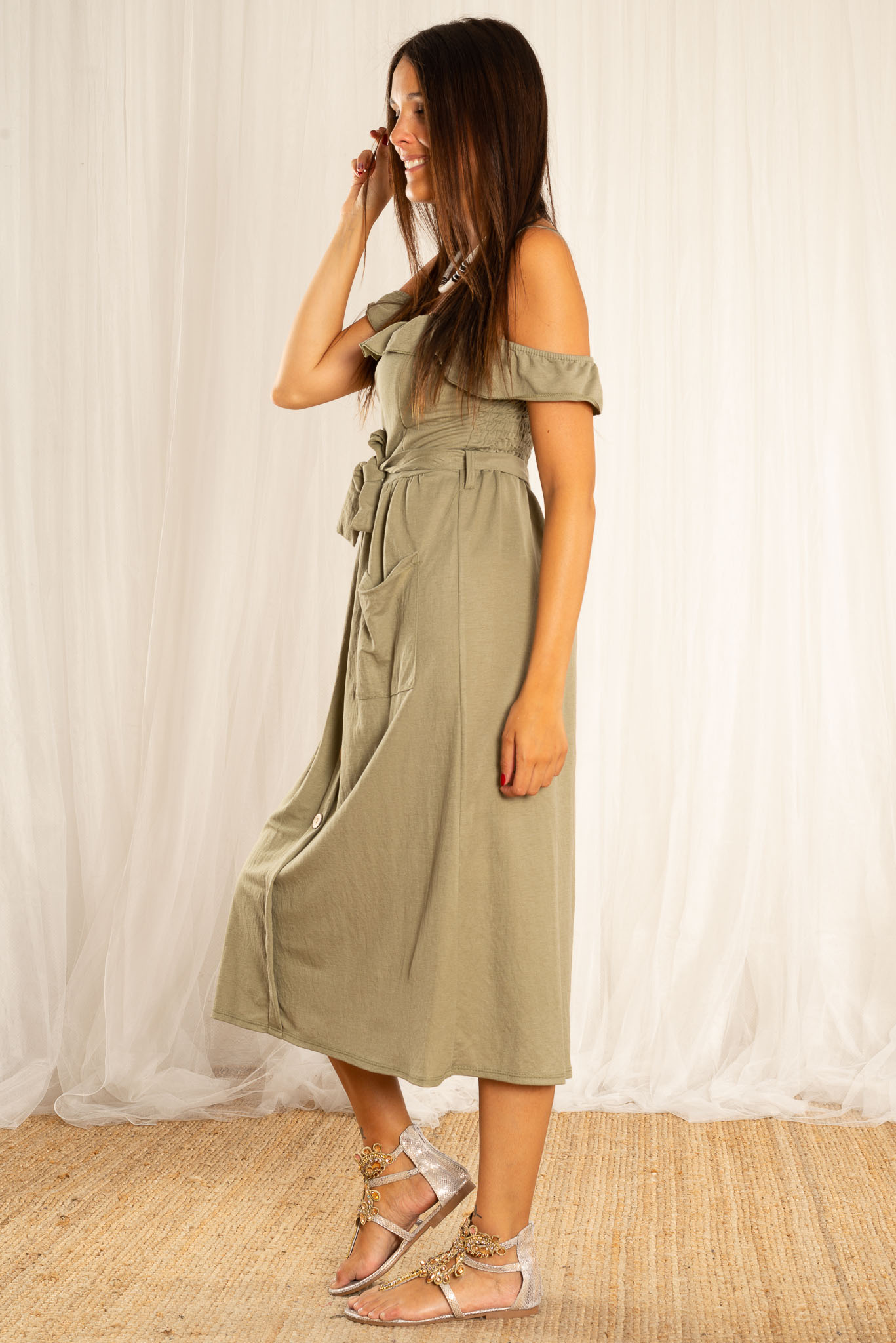 Mirabelle Un Hombro Gasa Vestido Con Tirante Flores Verde Oliva