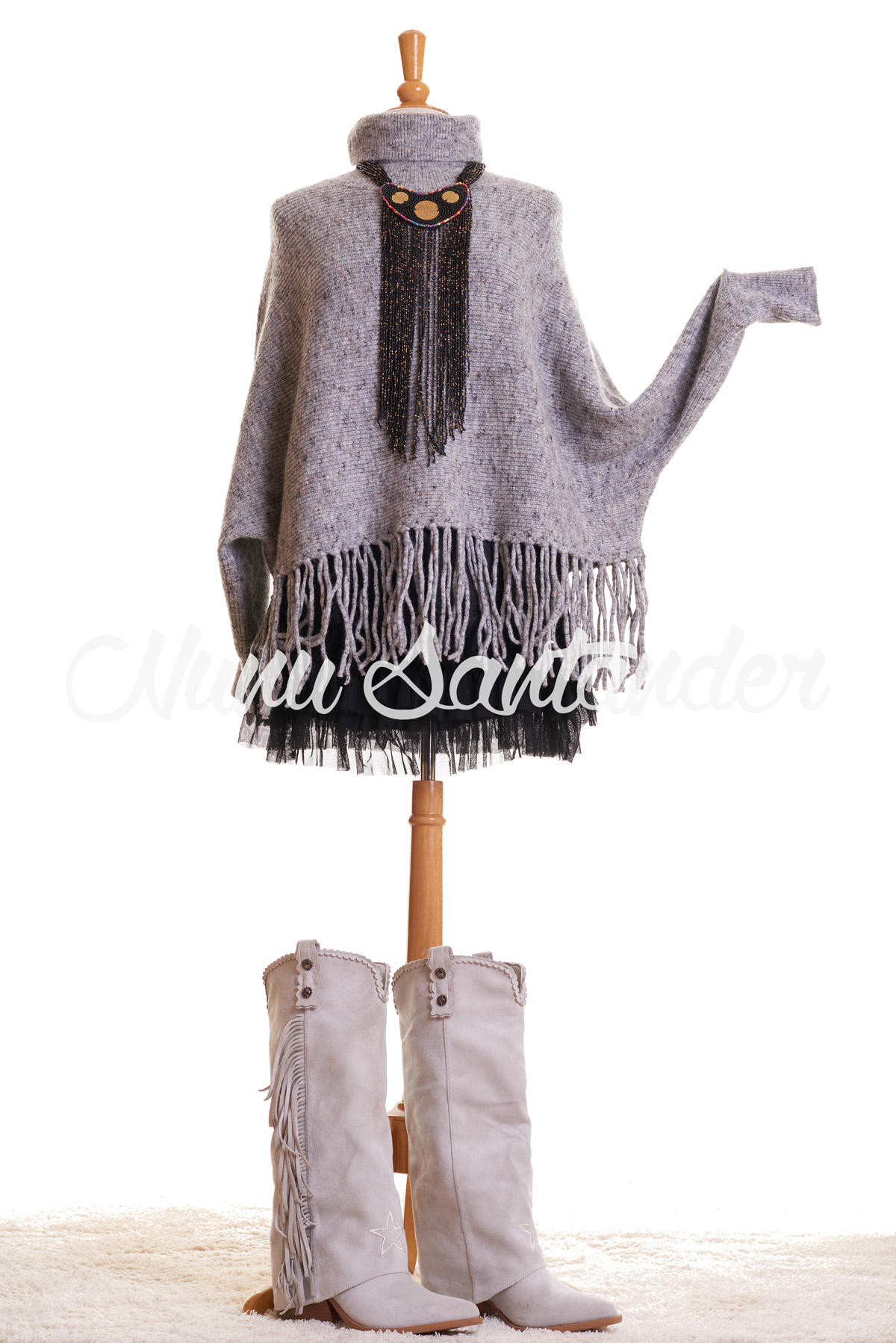 Poncho Russel Grigio - Maniche Lunghe, Mantella In Acrilico, Taglia S - copertina