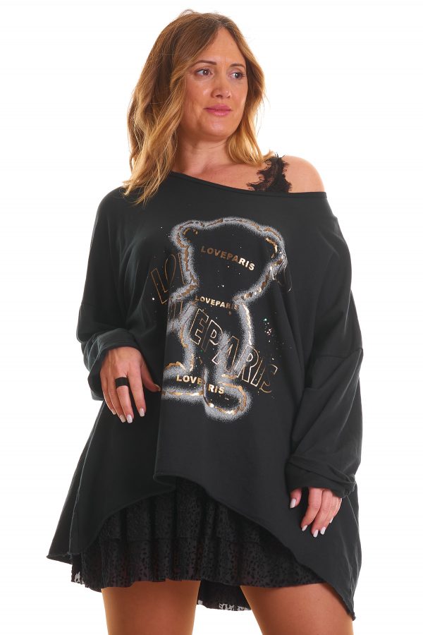 Sudadera Brenda: sudadera elástica con cuello amplio y detalles dorados brillantes en la parte frontal. Cómoda y sofisticada, ideal para cualquier ocasión.