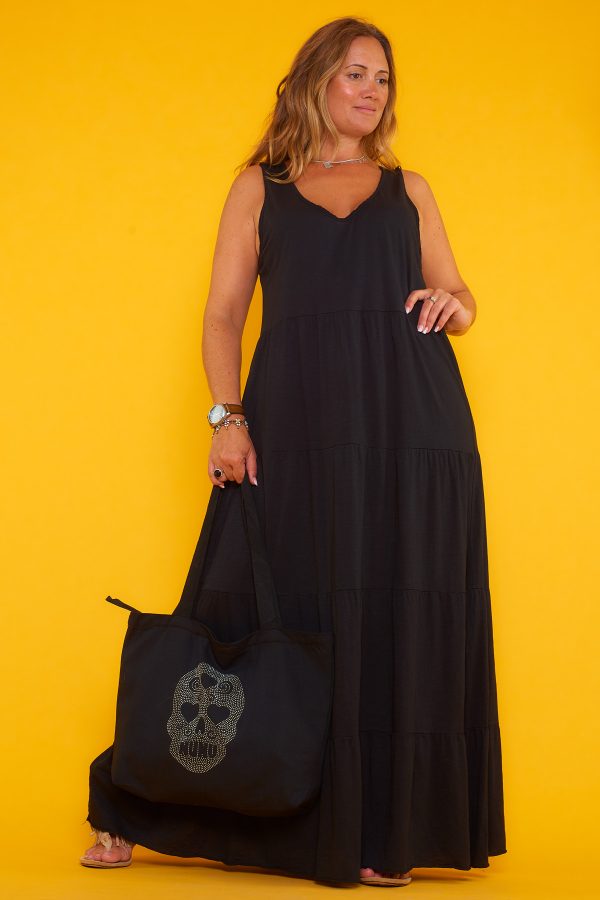Vestido Long: vestido largo de algodón con cuello en pico y tejido fresco. Cómodo, ligero y versátil para cualquier ocasión.