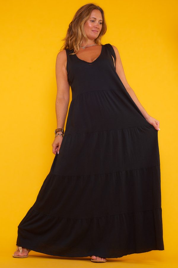 Vestido Long: vestido largo de algodón con cuello en pico y tejido fresco. Cómodo, ligero y versátil para cualquier ocasión.