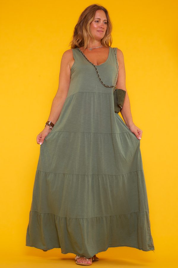 Vestido Long: vestido largo de algodón con cuello en pico y tejido fresco. Cómodo, ligero y versátil para cualquier ocasión.
