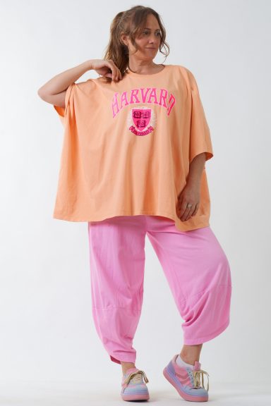 Una camiseta elástica larga que tiene corte baggy y que se caracteriza por tener un estampado con tonos flúor en su parte frontal.