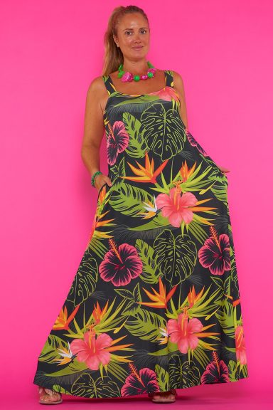 Descubre el Vestido largo tropical Lorena 38. Estilo boho-chic vibrante y cómodo para cualquier ocasión. Siente la libertad con Nunu Santander.