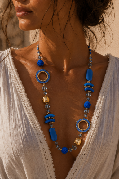 Descubre el colgante largo Sessanta, con diseño boho-chic y abalorios variados. Añade un toque único a tus looks diarios o especiales. ¡Realza tu estilo con Nunu Santander!