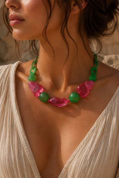 Descubre el colgante Tre, un accesorio boho-chic con cuentas acrílicas de diseño geométrico y vibrante. Añade un toque audaz y divertido a tus looks al instante. ¡Ideal para mujeres de 30 a 65 años!