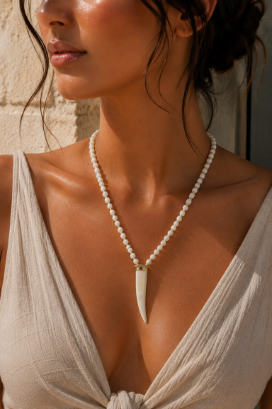 Descubre el colgante Rael 1, una joya boho-chic con cuentas de hueso y diseño de cuerno. Añade un toque natural y sofisticado a tus looks. ¡Imprescindible!