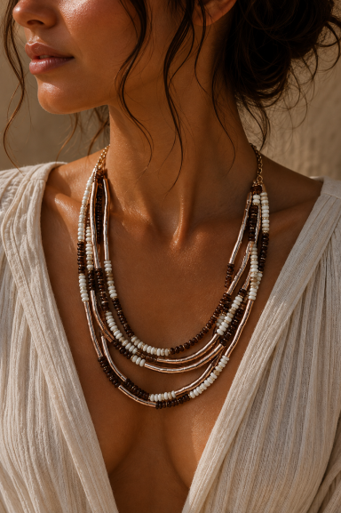 Eleva tu look con el Colgante Votonur multicapa. Diseño boho-chic con cuentas y tubos, perfecto para realzar cualquier escote. Añade sofisticación y estilo único. Descubre Votonur en Nunu Santander.